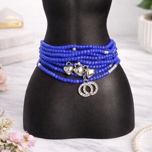 Blue Beaded Belly Chain | Multi-Layer Waist Beads | Gold Charm Body Jewelry